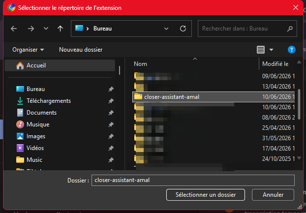 Sélection du dossier de l'extension